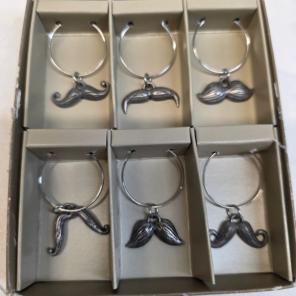 Pier 1 Imports Drink Charms Silver Mustache Novelty Wine Glass Markers Set of 6